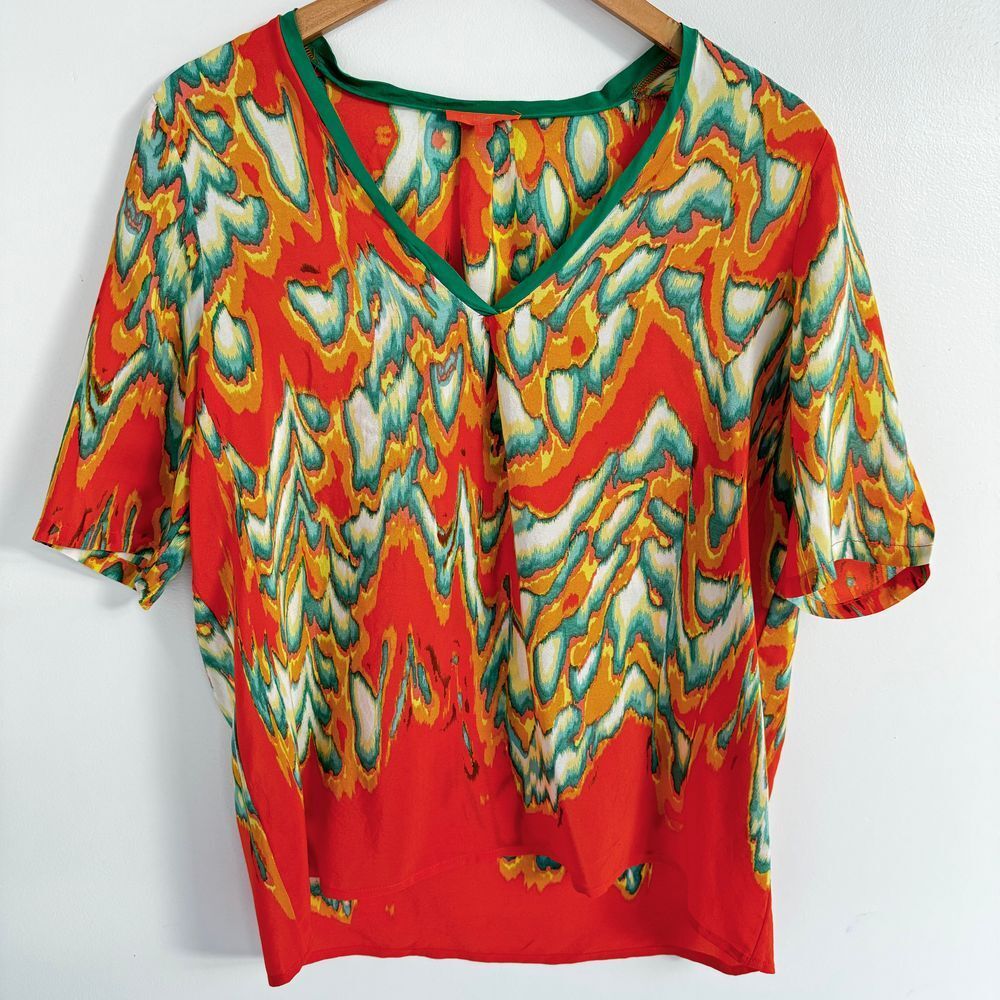 GLAM Ladies Blouse Top Large V Neck Short‎ Sleeve 100% Silk Resort Tropical Ikat